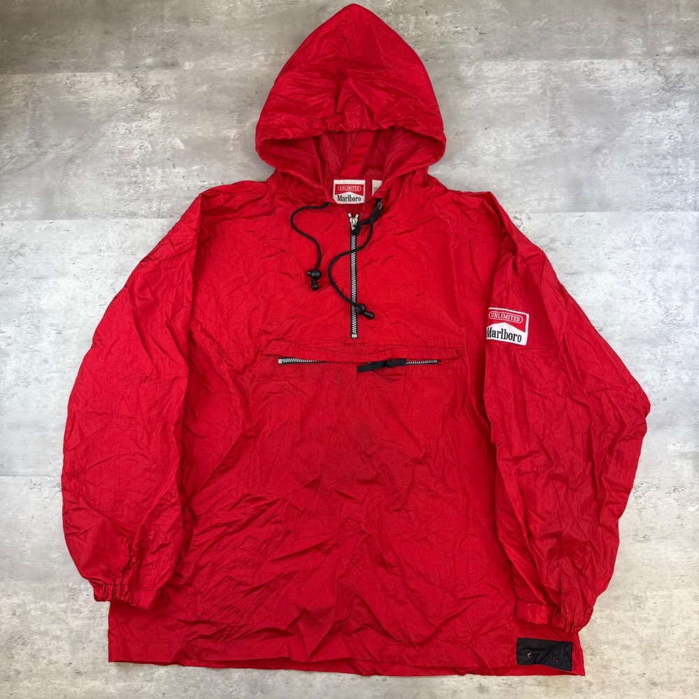 Vintage Marlboro Unlimited Red Nylon Half Zip Anorak Hooded Windbreaker Large